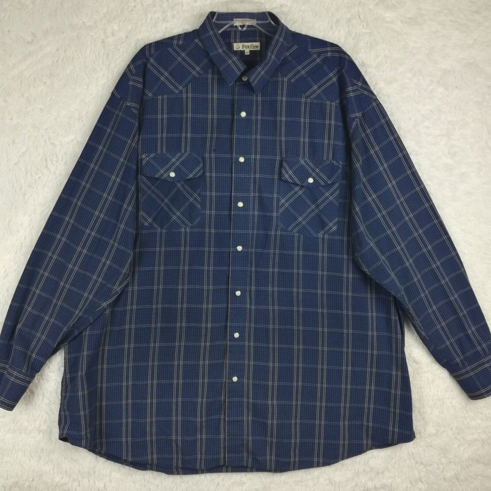 FoxFire Mens Shirt Western Button Down Pearl Snaps Blue‎ Plaid Big Tall 3XT